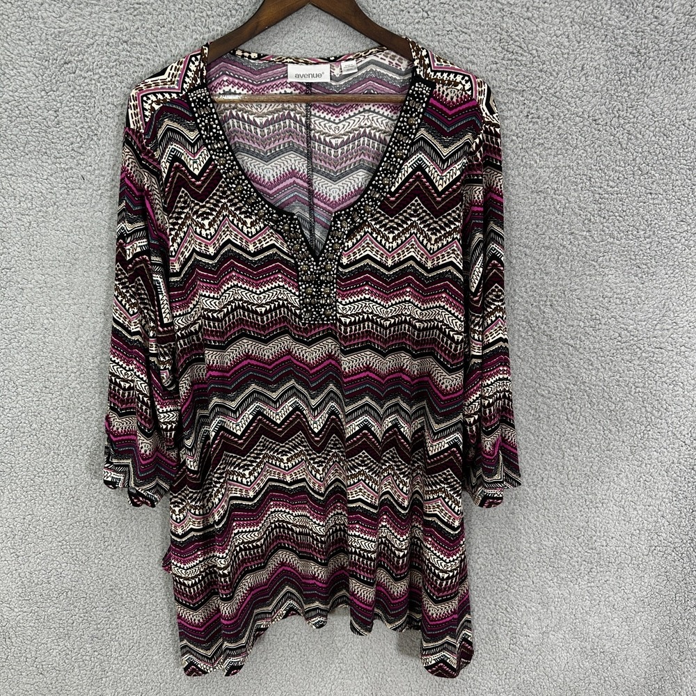 Avenue Plus Size 22/24 Tunic Top Boho Chevron Print Embellished V Neck Blouse